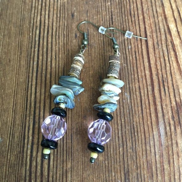 *Pink and Shell Beaded Dangle Earrings, Handmade Ladies Earrings - Picture 1 of 2